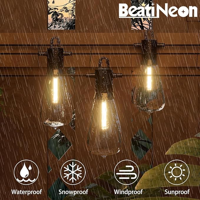 Outdoor String Lights 100 ft, LED Patio Lights with 52（50+2 Spare ST38 Shatterproof Bulbs, IP 65 Waterproof, Outside Hanging Light for Cafe Bistro Backyard