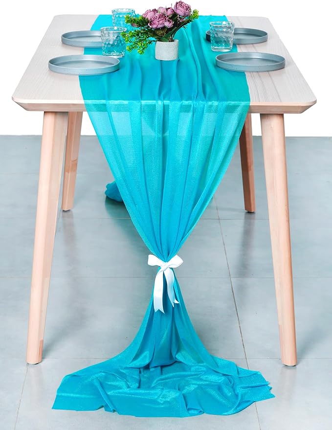 MDS Halloween Chiffon Table Runner - 15 Pack, 29 x 170 Inches, 14ft Each - Sheer Spooky Table Runners for Haunted House Parties, Trick-or-Treat Tables, Witchy Décor, Wedding & Events - Turquoise