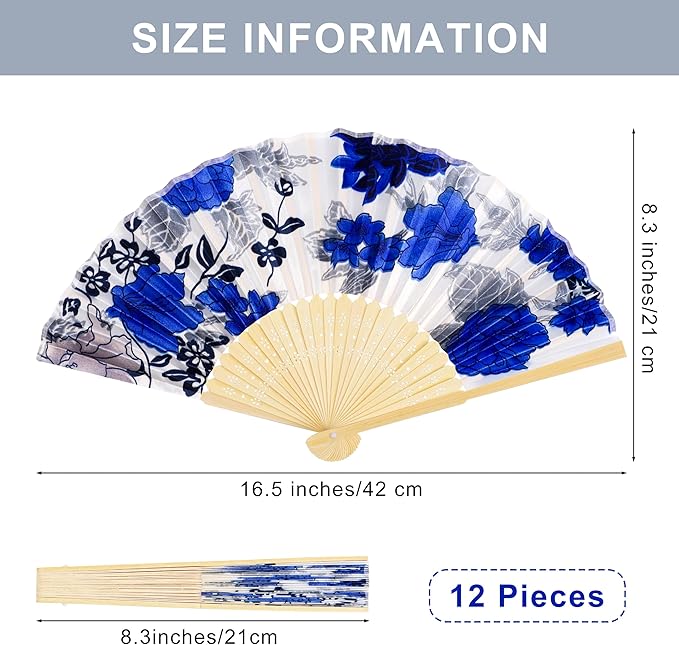 durony 12 Pieces Floral Folding Fans Silk Bamboo Handheld Fans Vintage Handheld Fan Flower Patterns Fabric Fans for Wedding Gifts, Dancing, Party Favors, Multicolor