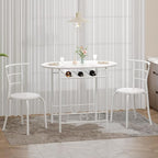 VECELO 3-Piece Dining Table Set for Kitchen Breakfast Nook, Faux Marbled Oval Tabletop and Metal Frame with Built-in Wine Rack, for Small Spaces, White