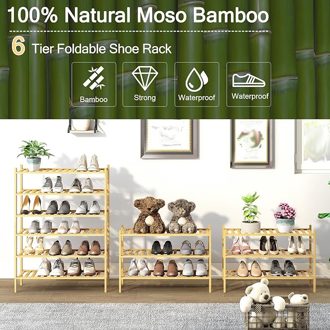 6-Tier Bamboo Shoe Rack for Entryway, Stackable | Heavy Duty | Multi-Function, Free Standing Shoe Racks for Bedroom Hallway Closet