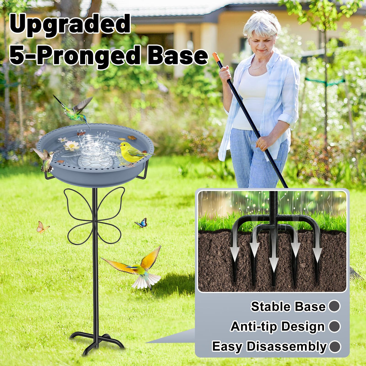 YOADEHOA Bird Bath for Outside, Garden Freestanding Birdbath & Birdfeeder with Removable Bowl, Bird Baths Feeder for Outdoors Garden Patio Yard Lawn Decor, 5-Pronged Base & Easy to Clean(Grey)