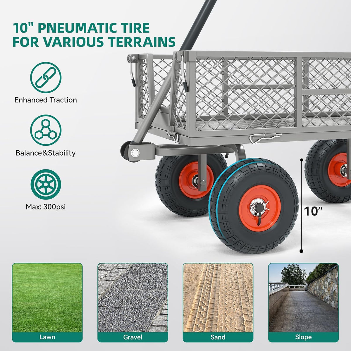 Heavy Duty 900 lbs Capacity Mesh Steel Garden Cart - 10" Pneumatic Tires, 180° Rotating Handle, Removable Sides, 4 CU'FT Utility Wagon for Yard & Garden Christmas Hauling