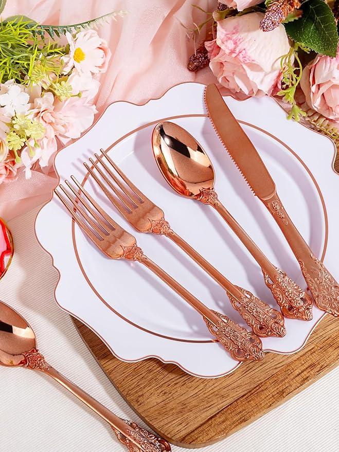 WDF 120Pieces Rose Gold Plastic Silverware - Heavy Duty Rose Gold Plastic Cutlery Set - Disposable Rose Gold Utensils - Rose Gold Flatware Includes 40 Forks, 40 Spoons, 40 Knives for Wedding