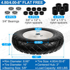 4.80/4.00-8" Flat Free Wheelbarrow Tires and Wheels, 16" Universal Fit Solid Tires with 5/8" or 3/4" Bearing, 3"-7" Hub, Adapter Kit Hand Truck Wheels Replacement for Garden Trailer, Wagons, 2 PCS