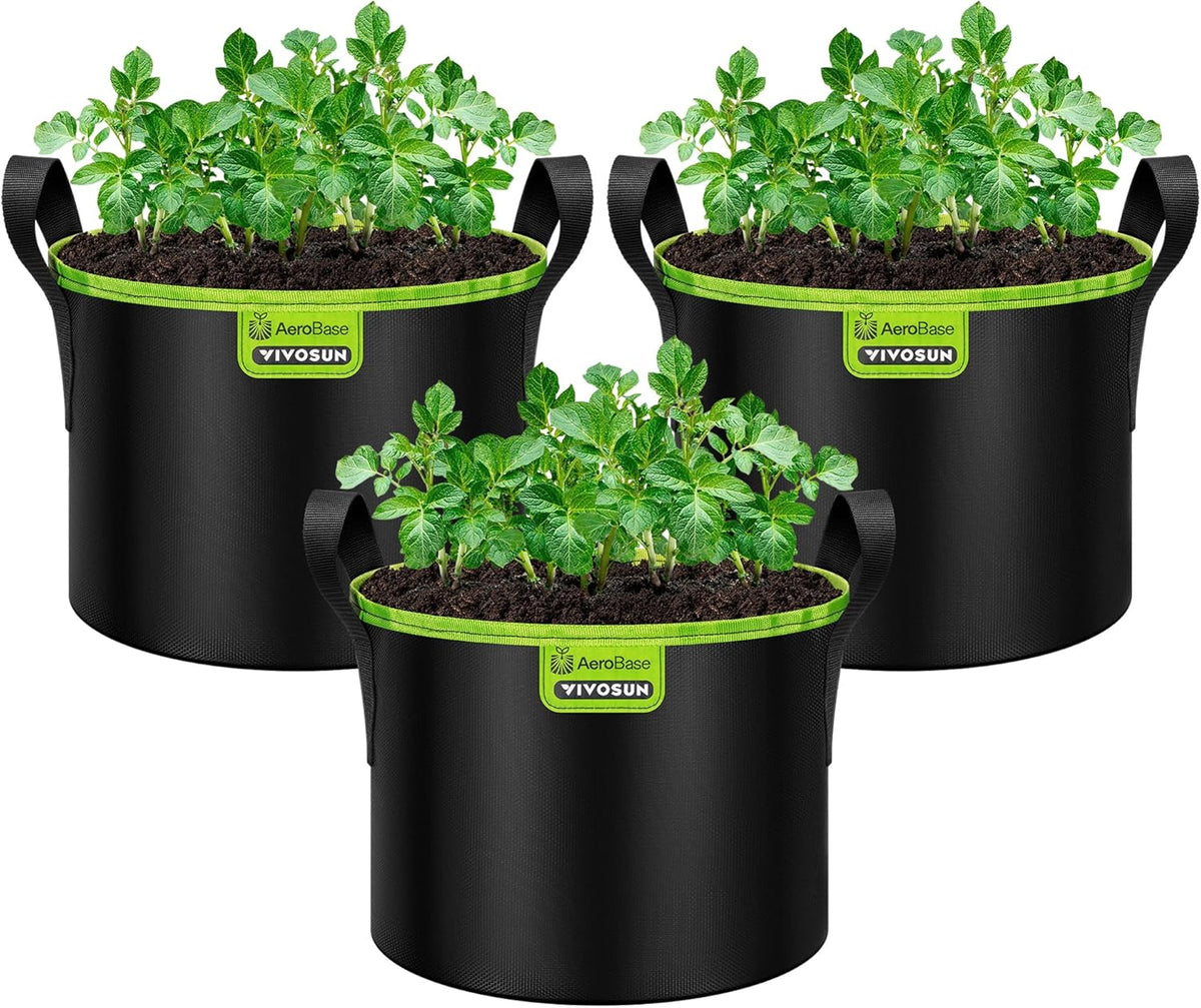 VIVOSUN 3-Pack 5-Gallon AeroBase Grow Bags, Durable Mesh Fabric Plant Container with Breathable Base and Sturdy Handles, Black