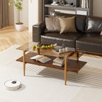 Glass Coffee Table, Rectangle Living Room Center Table with Golden Legs, Mid-Century Modern Accent Tables with Open Shelf for Living Room, Office, Brown