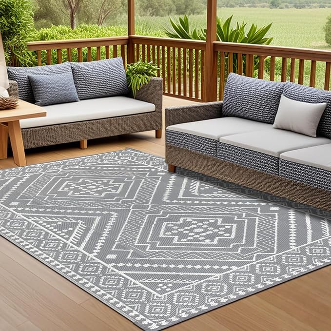Waterproof Outdoor Rug 4x6 ft, Reversible Plastic Straw Mat, Large Floor Mat for Patio, Camping, Picnic, Backyard RV, Deck, Grey