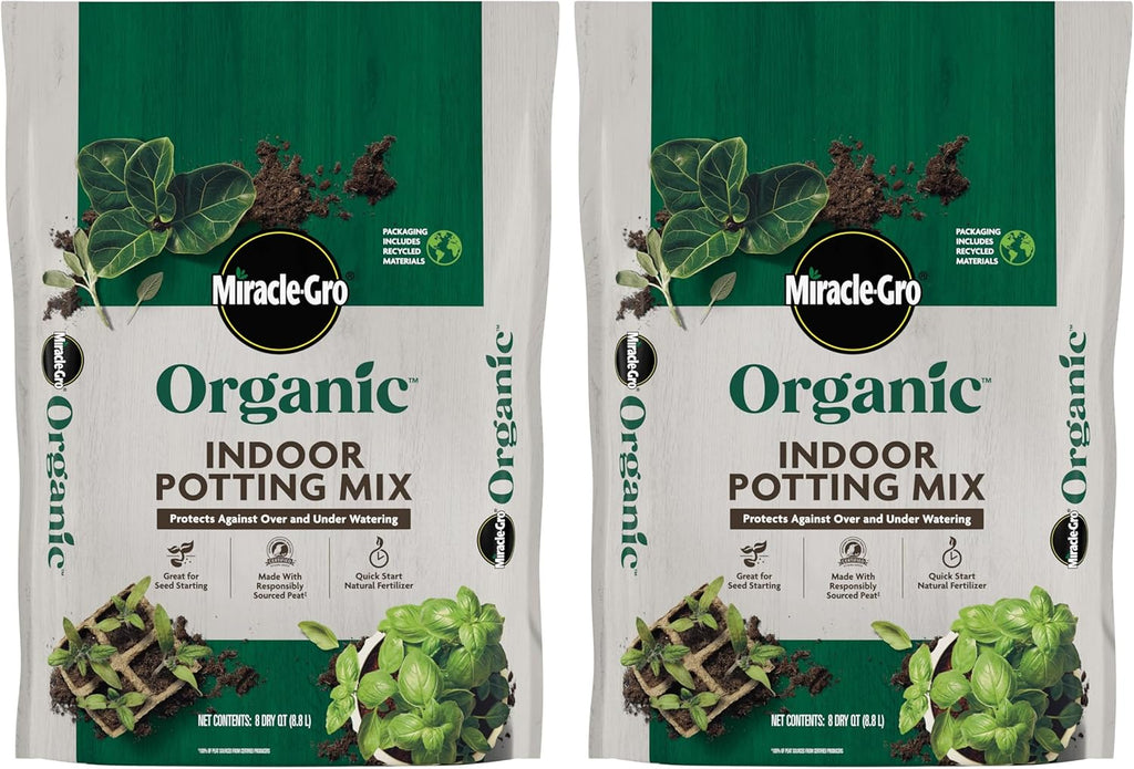 Miracle-Gro Organic Indoor Potting Mix, Protects Against Over and Under Watering, for Indoor Container Plants, Houseplants and Starter Plants, OMRI Listed, 8 qt., 2-Pack