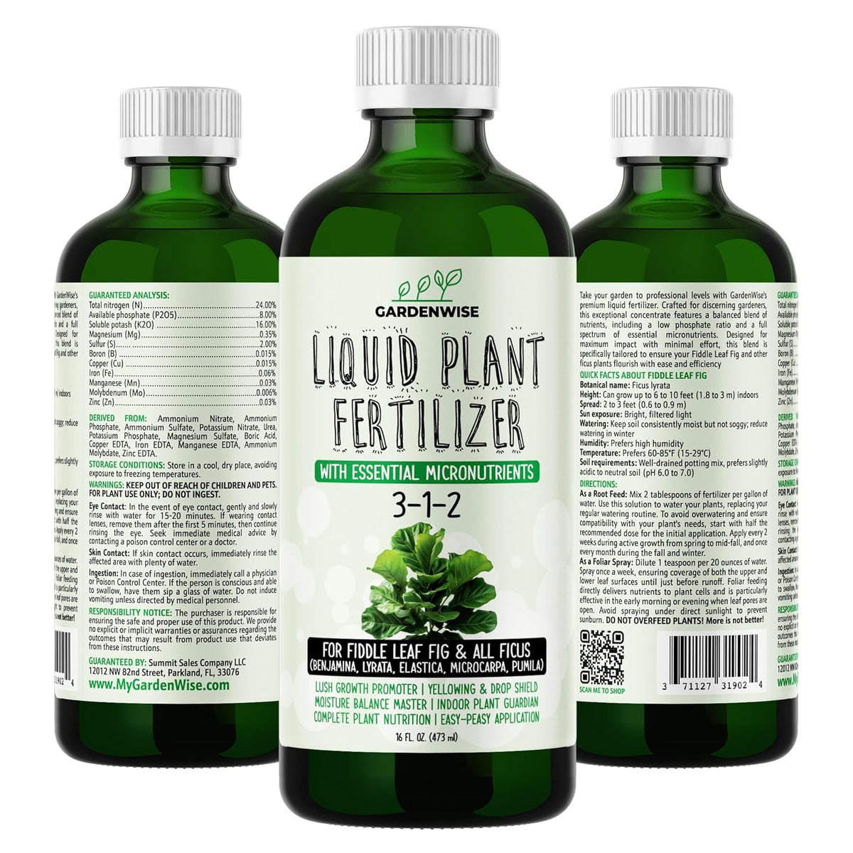 3-1-2 Liquid Fertilizer Concentrate with Micronutrients - Optimal Fiddle Leaf Fig Plant Food, Ideal for Ficus Lyrata & Fig Trees, Gold Leaf Enhanced Indoor Plant Fertilizer (32 OZ)