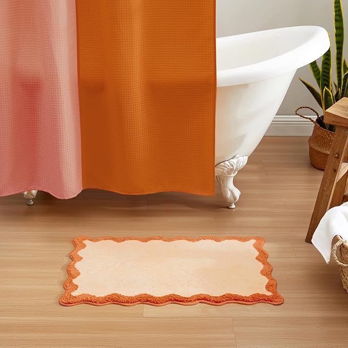 MONDAY MOOSE Bath Mat with Scalloped Wavy Ripple Design, Microfiber Absorbent Non Slip Tufted Rug for Floor, Shower or Kitchen (20x32 inch, Orange)
