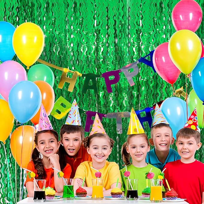 Green Tinsel Foil Fringe Curtains Wavy Backdrop for Parties Sparkle Metallic Wavy Foil Fringe Backdrop Curtain for Party Decorations Photo Booth Props for Birthday Graduation Wedding