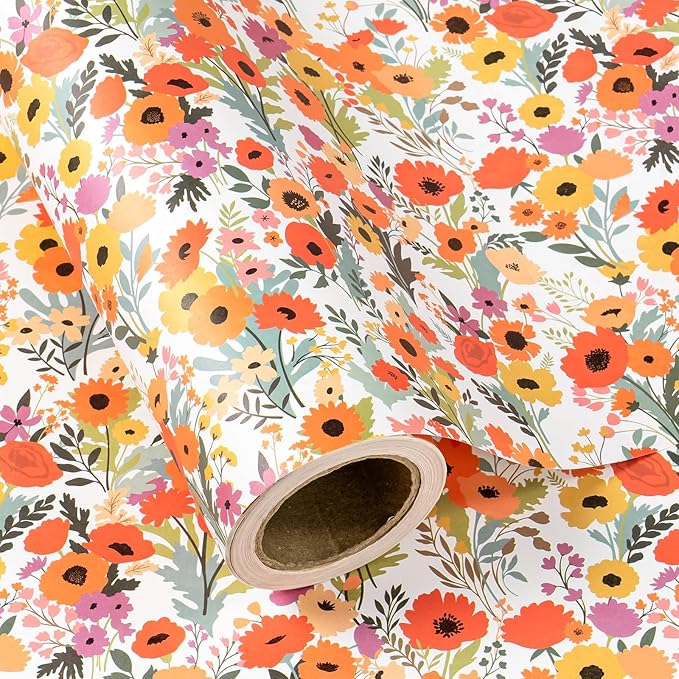 WRAPAHOLIC Kraft Floral Wrapping Paper Roll - Mini Roll - 17 Inch x 16.5 Feet - Bright Summer Flower Wrapping Paper, Perfect for Wedding, Birthday, Bridal Shower, Tea Party