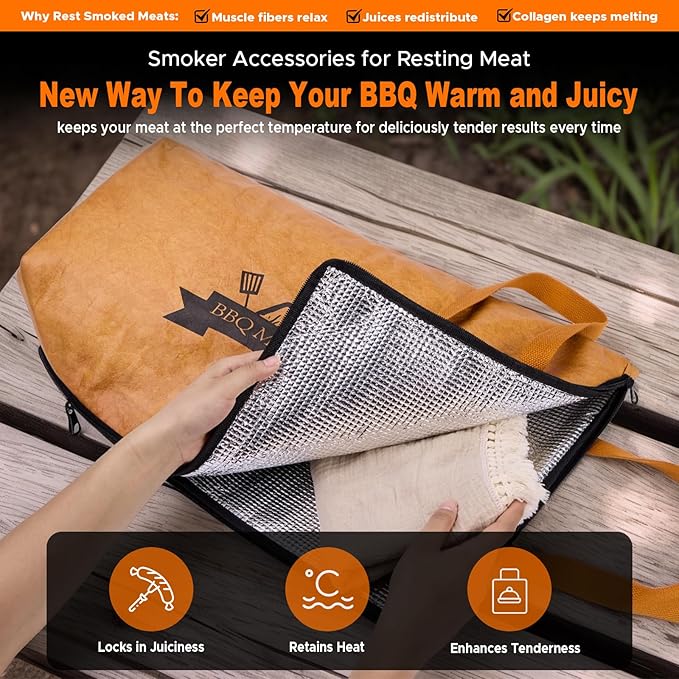 Reusable BBQ Blanket for Resting Meat - Insulated Smoker Grilling Bag with Wide Mouth for Large Brisket Pork Shoulders, and Turkeys Perfect BBQ Accessory & Gift for Men (15in)