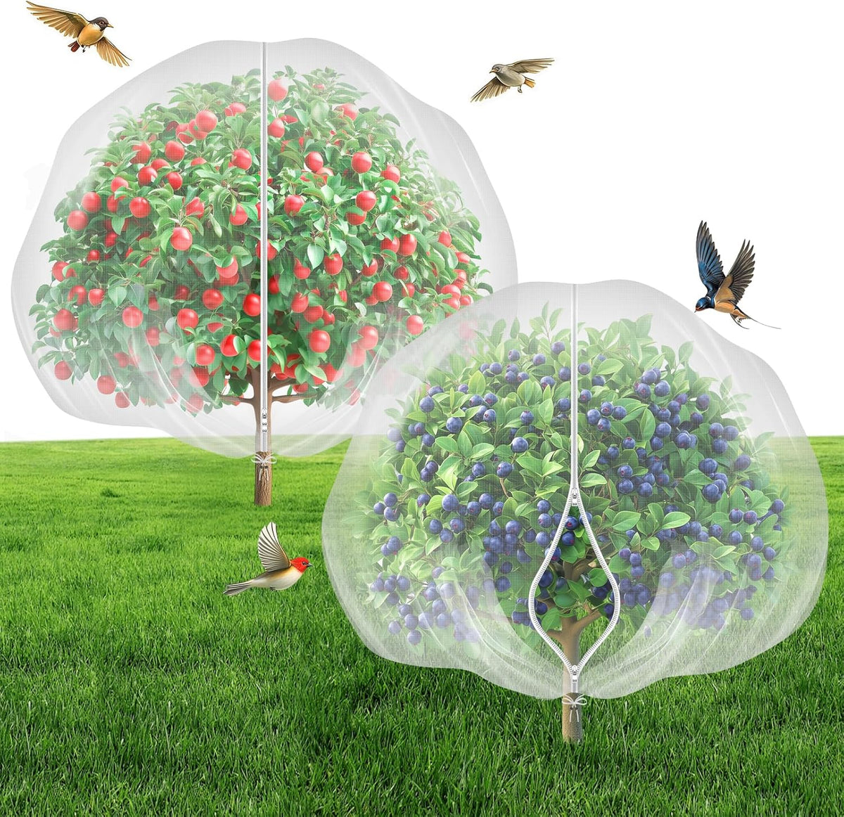 Fruit Tree Netting with 2-Way Zipper & Drawstring - 6.4'x6.4' Garden Plant Net Pest Barrier to Prevent Cicadas Bird Squirrel Deer - Protection for Blueberry Tomato with Fine Mesh Insect Cover (2 Pack)