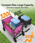 3 in 1 Collapsible Wagon Converts to Bench, 220lbs Foldable Wagon Cart with Wheels, 120L Shopping Cart for Groceries Folding Utility Wagon for Beach, Garden, Camping, Sport, Wheelbarrows, Pink