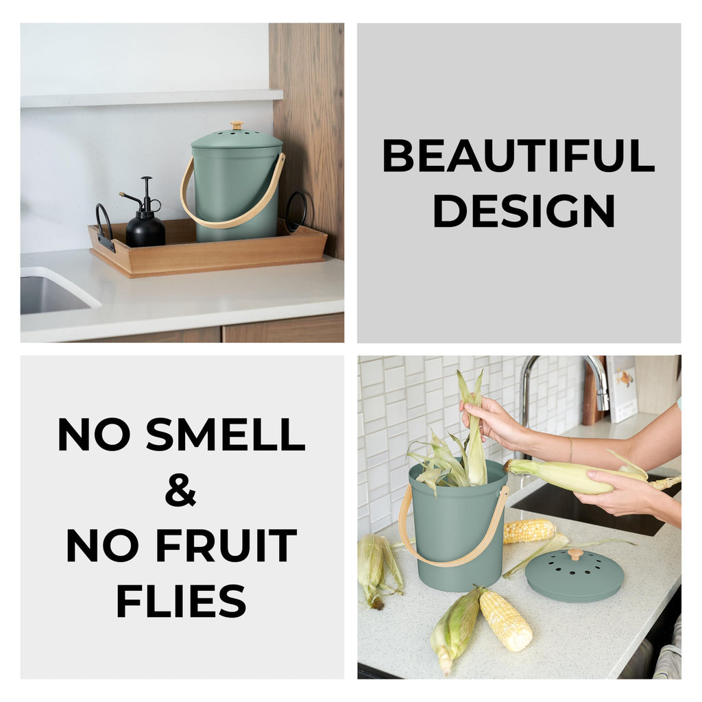 Beautiful Kitchen Compost Bin with Smell Proof Lid - Rust Proof and Odorless Compost Bucket for Your Countertop with No Smell Filters - Easy to Clean 1.1 Gallon Bin Looks Great On Any Kitchen Counter