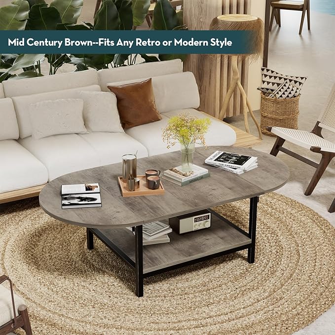 SAYGOER Folding Coffee Tables for Living Room 2-Tier Extended Coffee Table with Storage Vintage Farmhouse Center Table for Large or Small Spaces, Foldable, Gray Wash