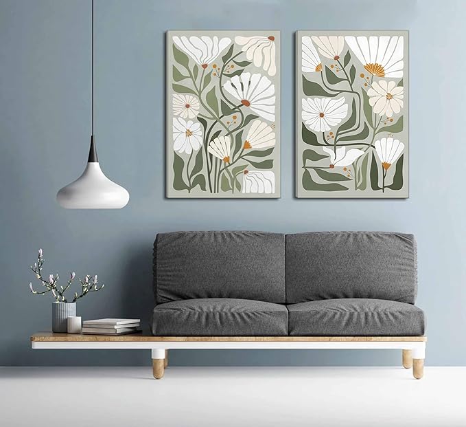 2 Pcs Boho Wildflowers Canvas Wall Art Green Bohemia Abstract Floral Botanical Painting Picture Wall Decor Poster Print Artwork for Living Room Bedroom Bathroom Home Decoration