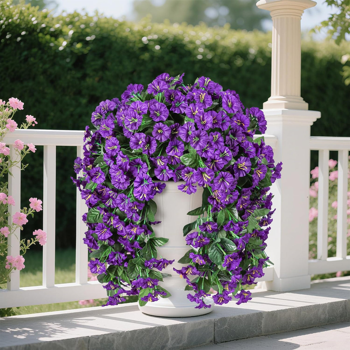 Artificial Fake Hanging Flowers Plants for Outdoor Outside Summer Decoration, 2PCS Faux Silk Morning Glory Purple UV Resistant Look Real Trailing Vines for Home Planter Porch Patio