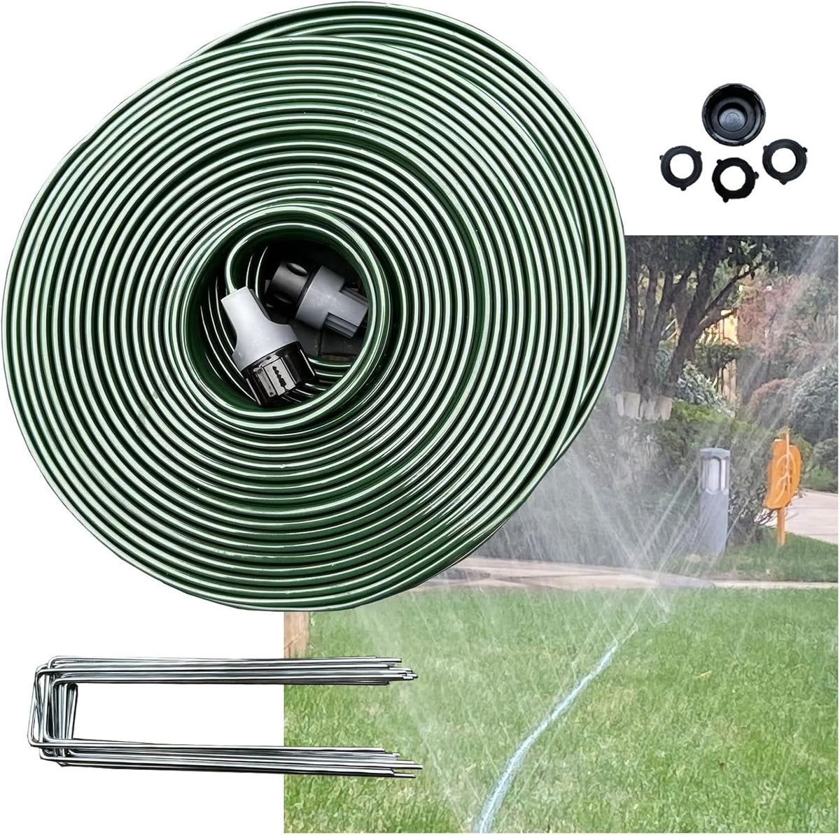 Watoo 2025 Sprinkler Hose & Soaker Hose for Yard - 75 FT Reinforced Flat Garden Hose with Holes, Heavy Duty No-Kink Lawn Irrigation Hose (Includes Stakes, High Pressure Spray)