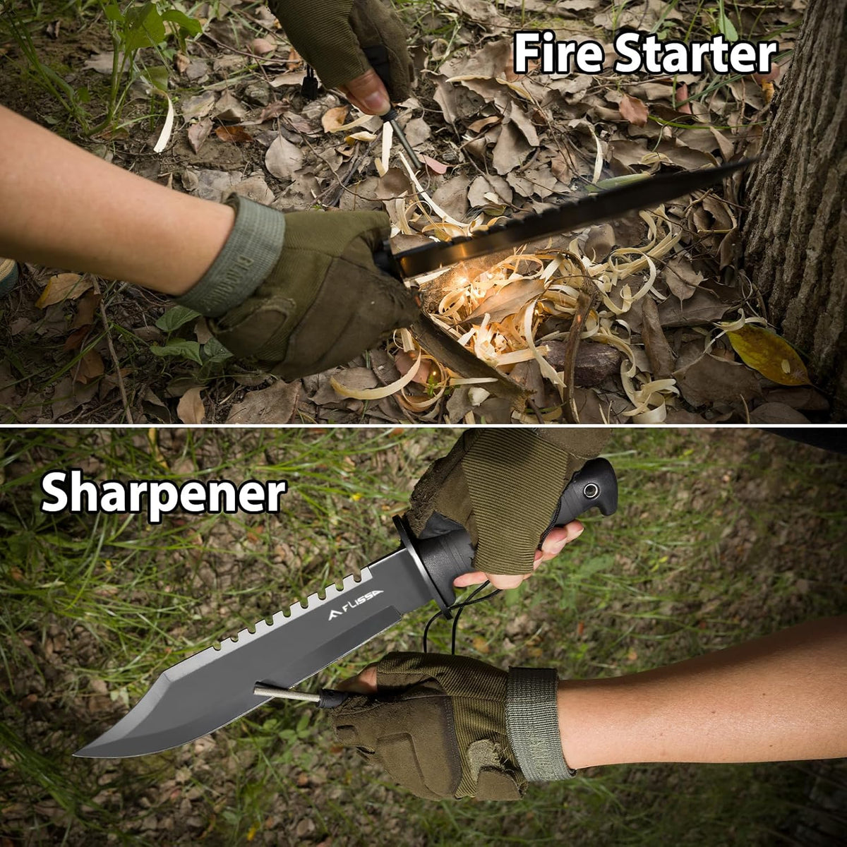 FLISSA Survival Hunting Knife with Sheath, 15-inch Full Tang Fixed Blade Tactical Bowie Knife with Sharpener & Fire Starter for Camping, Outdoor, Bushcraft