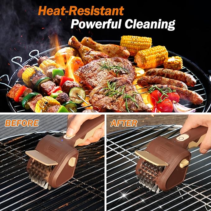 Grill Brush for Outdoor Grill, Cordless Electric BBQ Grill Cleaner with 700 RPM Stainless Steel Brush, Rechargeable Grill Cleaning Brush, Brown