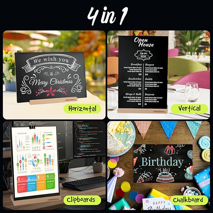 Chalkboard with Beech-Wood Base, 8 x 12 inch Tabletop Message Boards Menu Chalkboard Stand, Double Sided Blackboard for Party, Tables Decoration, Wedding, Bar and Restaurant