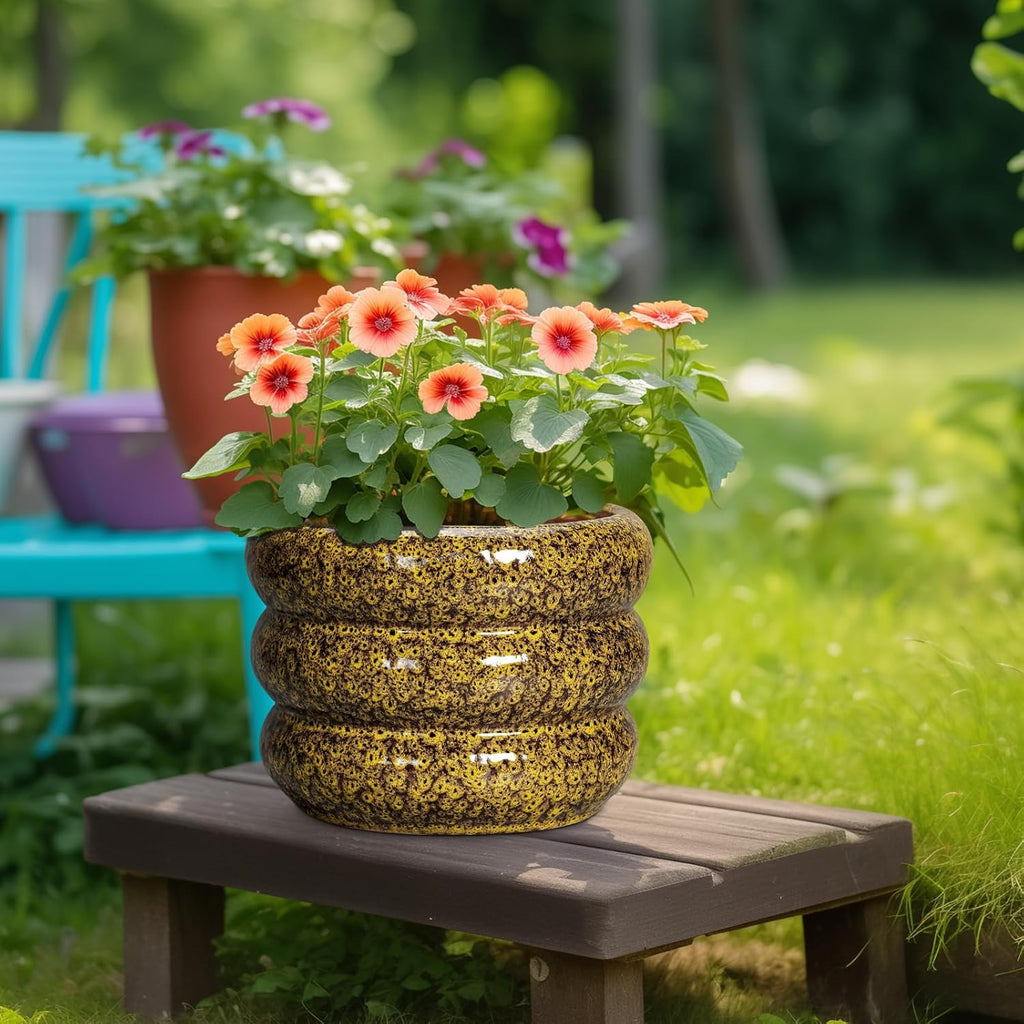 SQOWL Ceramic Flower Pots - 10 Inch Plant Pot Indoor with Drainage Hole, Round Bubble Planter for Outdoor Plants, Decorative Ceramic Plant Pot, Porch Home House Decor, House Warming Gifts, Yellow