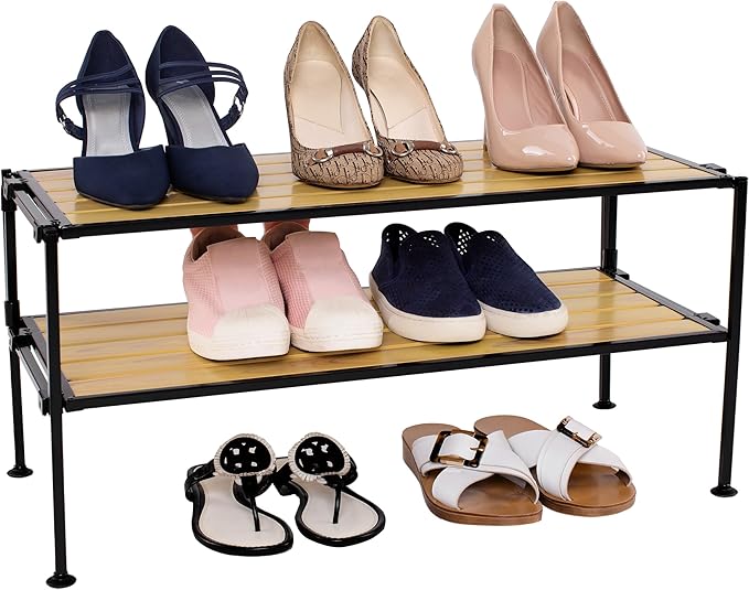 Seville Classics Sturdy Freestanding Storage Shelf for Bedroom, Closet, Entryway, Dorm Room Organizer Stackable Durable Metal Shoe Rack Countryside Aspen Slat, 2-Tier