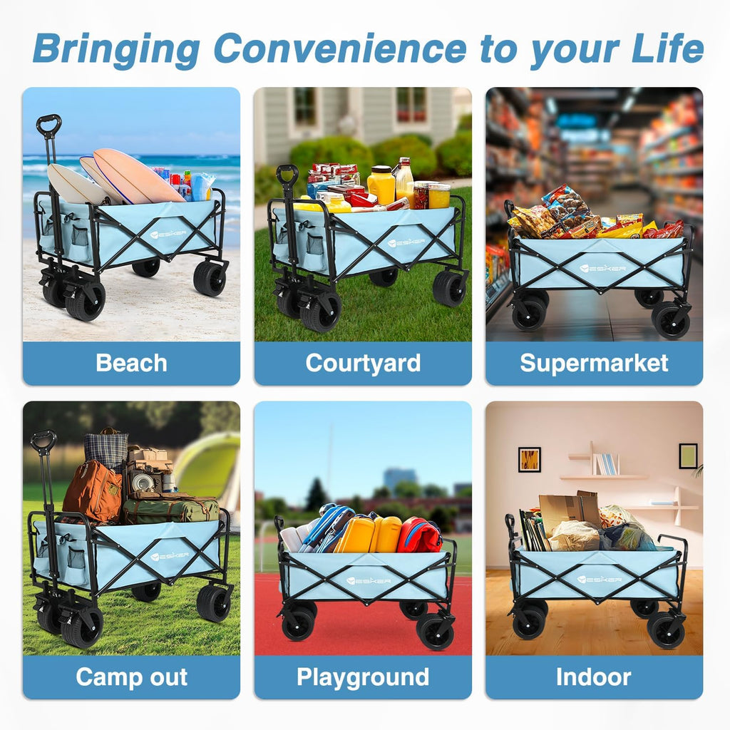 Yesker Foldable Wagon - 300lbs Collapsible Garden Carts with All Terrain Wheels for Outdoor Camping Sports Shopping Gardening - Heavy Duty Portable Utility Trolley (Blue)