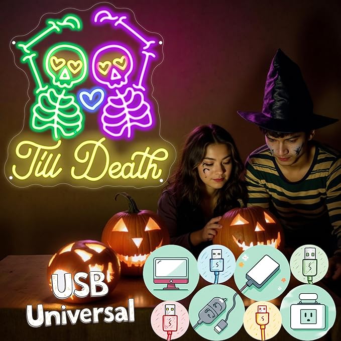Skull Till Death Neon Sign, Halloween Wall Sign, Horror Decor Wall Skull Neon Sign for Wedding Engagement Party Bridal Shower Decor Til Death Do Us Party Valentines Day Gifts