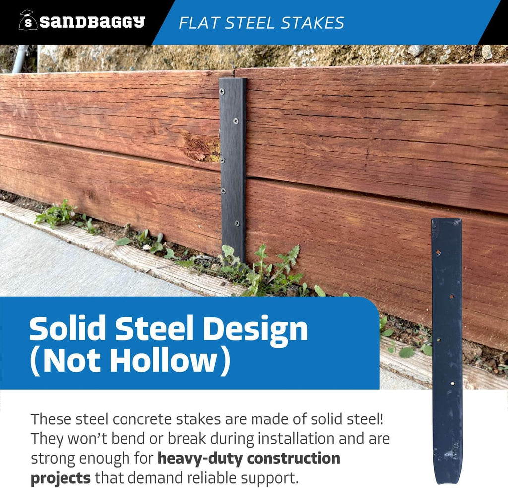 Sandbaggy Flat Steel Stakes for Concrete Forms with Nail Holes - 1.5" Wide - Painted - Removable, Reusable, V Point End - Construction Grade Stakes (5, 12 inch)