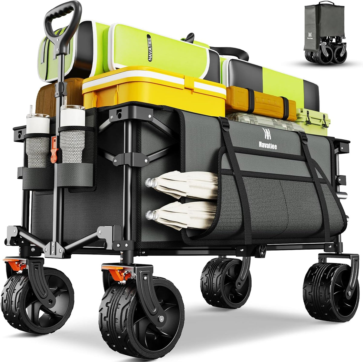 Navatiee Big Wheels Collapsible Wagon Cart Foldable, Heavy Duty Beach Wagon with Silent All-Terrain Wheels, Folding Utility Grocery Cart with Side Pocket and Brakes for Camping Garden Sports, Gray