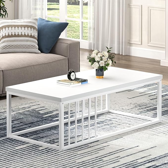 FOLUBAN White Coffee Table, Modern Rustic Wood and Metal Center Table, Industrial Rectangle Cocktail Tea Table for Living Room, White, 43.3 Inch