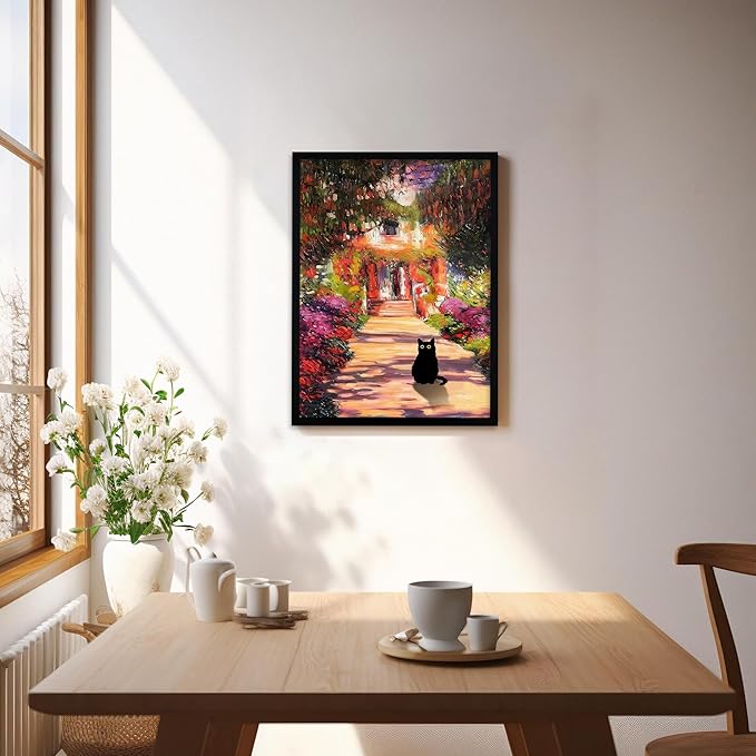 Krtoni Framed Vintage Monet Garden Cat Canvas Wall Art, Famous Oil Paintings Monet Flowers Black Cat Wall Decor, Cute Kitten Lovers Aesthetic Print For Farmhouse Gallery Bedroom Bathroom 16''L x 12''W