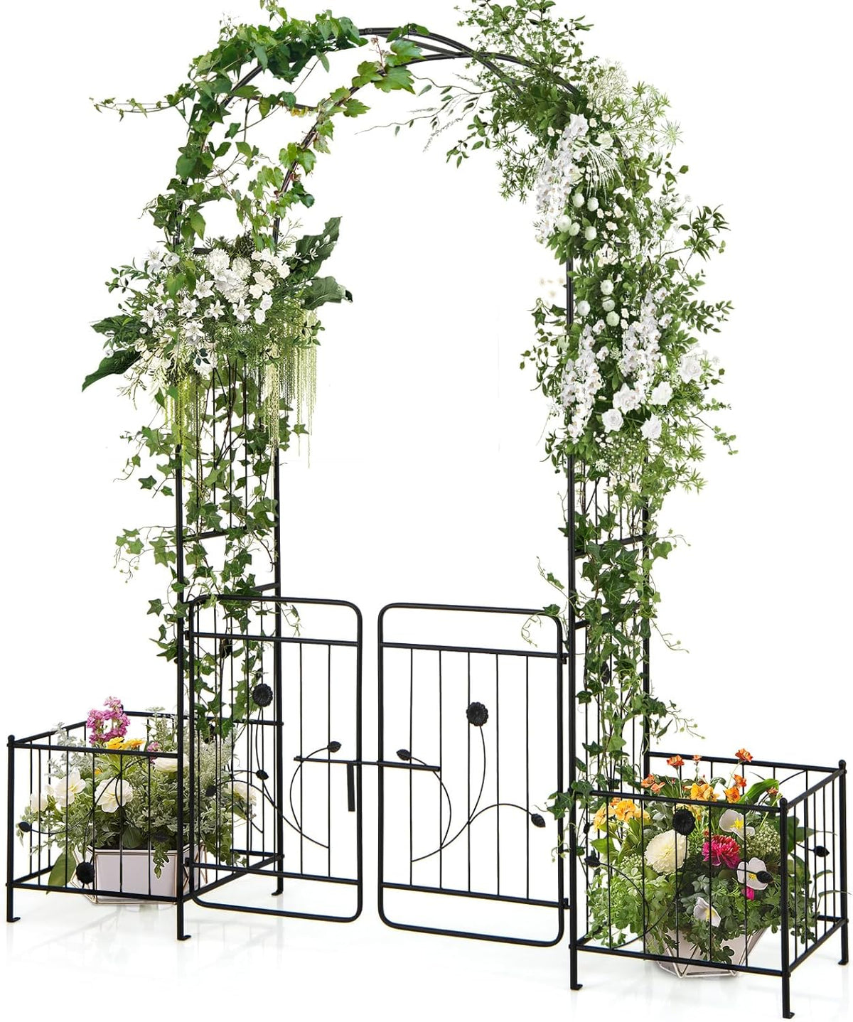 S AFSTAR 87-Inche Garden Arbor with Gate & Side Planter Box, Metal Garden Arch with Lockable Gate, Arched Top Arbour, Heavy-Duty Arched Trellis Archway for Climbing Plants Grape Vines Wedding Ceremony