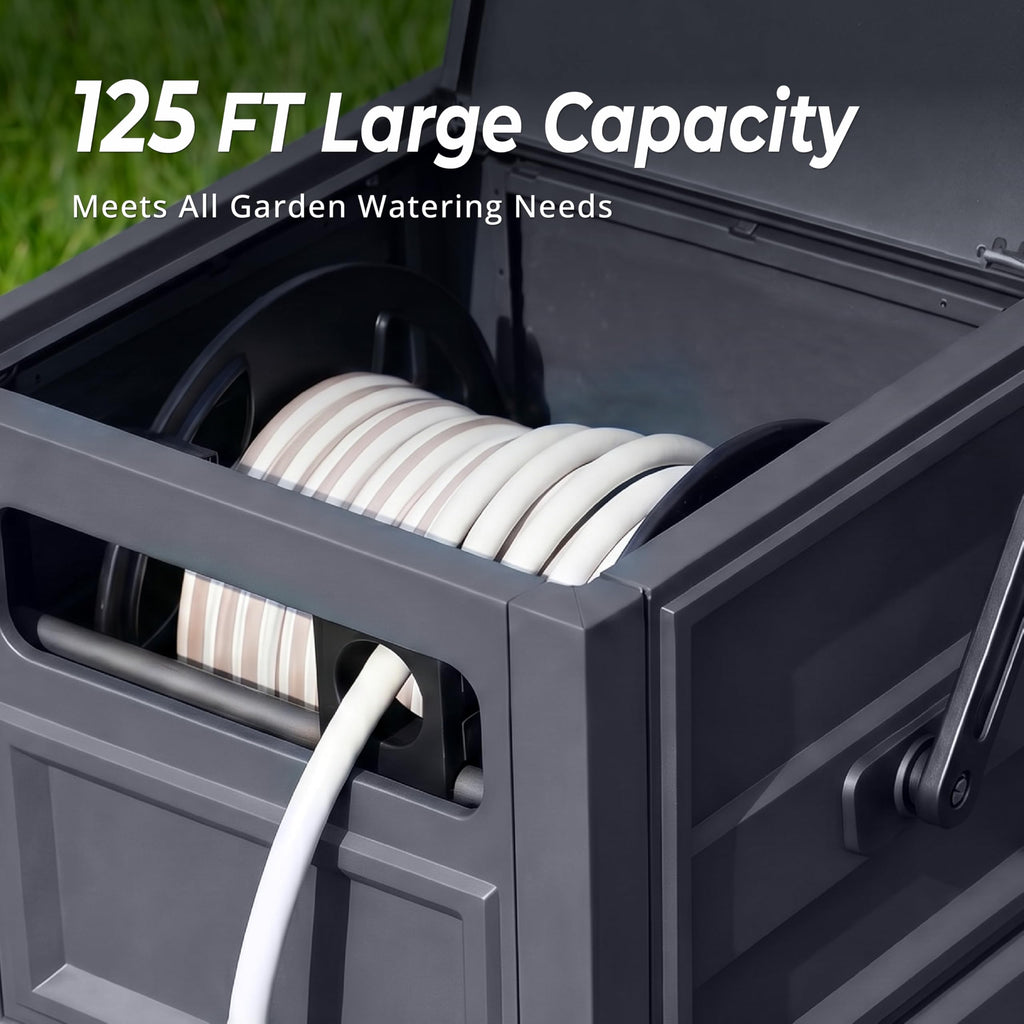 Garden Hose Reel Hideaway, Heavy Duty Metal Hose Reel Box Holds 125FT x 5/8" Hose, Steel Hose Storage Box with Manual Crank, Hose Guide and Leak-Proof Aluminum Connections, Stable 4-Leg Base