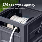 Garden Hose Reel Hideaway, Heavy Duty Metal Hose Reel Box Holds 125FT x 5/8" Hose, Steel Hose Storage Box with Manual Crank, Hose Guide and Leak-Proof Aluminum Connections, Stable 4-Leg Base
