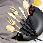 I00000 144 PCS Black Silverware Set, Plastic Silverware with Black Handle, Gold Plastic Cutlery Includes: 48 Forks, 48 Knives and 48 Spoons for Party or Dinner& Wedding
