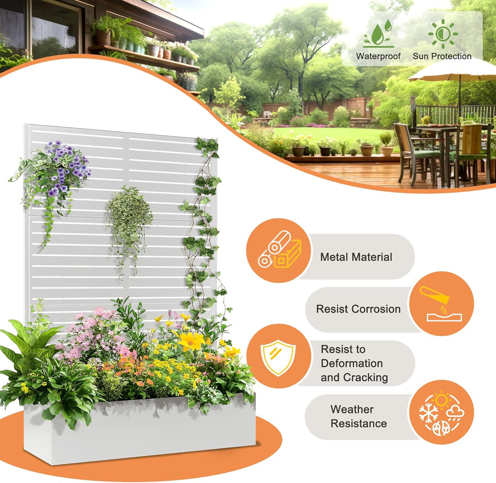 71"x47"x16" Metal Planter Box with Trellis, Raised Garden Bed with Trellis, Trellis with Planter Box & Privacy Screen for Climbing Plants, Vegetable, Vines(White, Louvered)