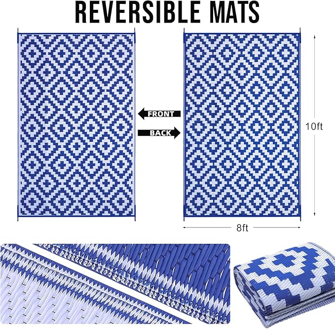OLANLY Waterproof Outdoor Rug 8x10 ft, Outdoor Plastic Straw Rug for Camping, RV Mat Outside, Outdoor Carpet for Porch, Deck, Backyard, Balcony, Picnic, Blue & White
