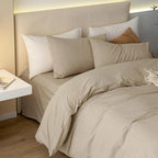 JIYUAN 100% Washed Cotton Duvet Cover Set 3 Pieces Queen, 1 Duvet Cover 90x90 Inches(Comforter Not Included) and 2 Pillowcases,Linen Feel Bedding Set Comfy and Breathable, Heathered Tan