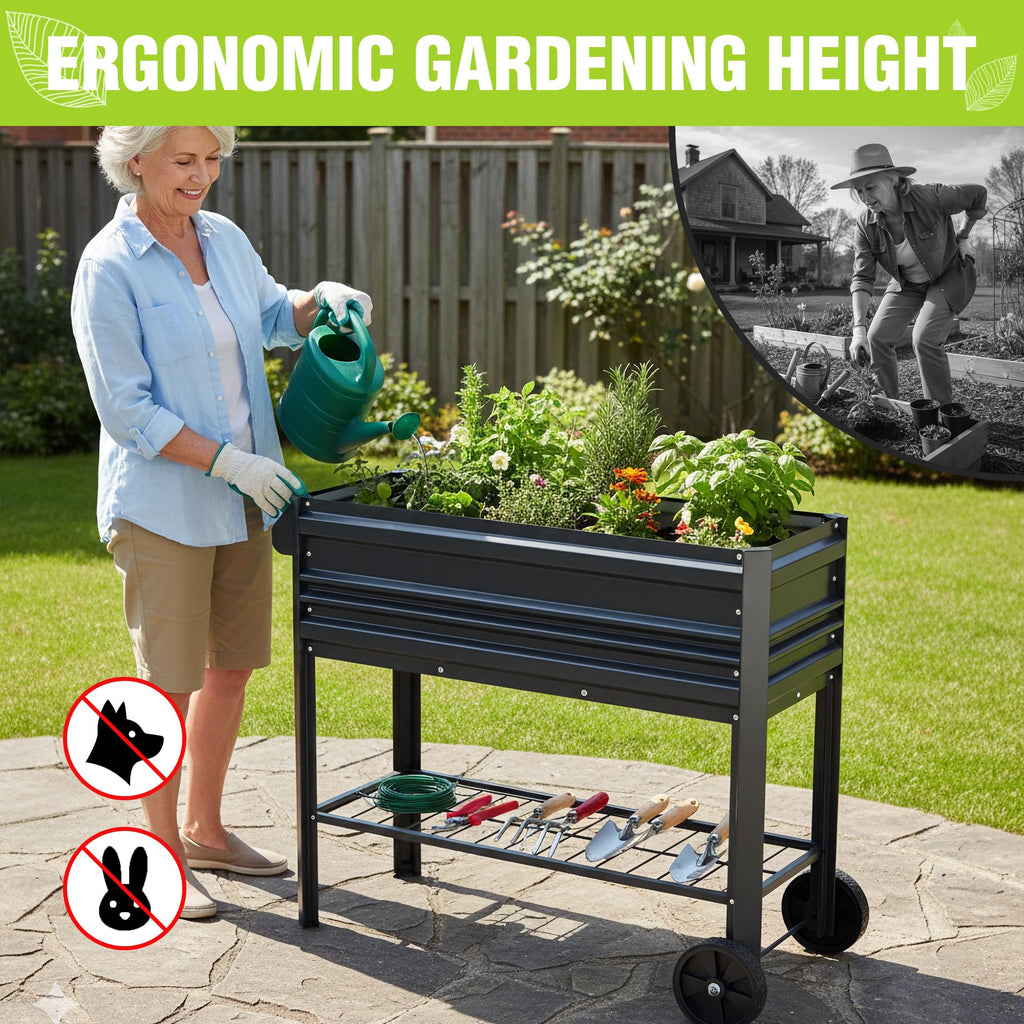 WORKPRO Galvanized Raised Garden Bed with Legs & Wheels, 37x14.6x31.6in, 400LB Capacity Elevated Planter Box for Garden, Backyard, Patio & Deck, Black