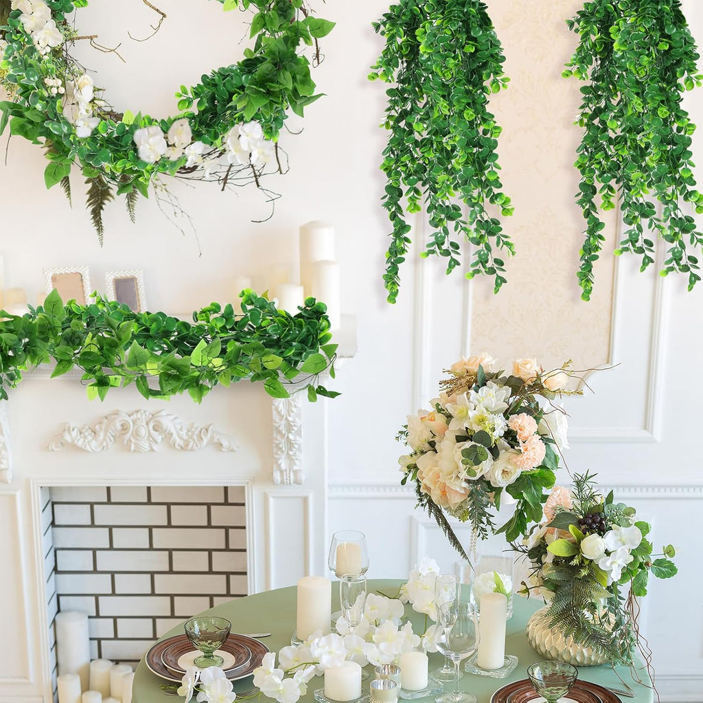 Hoteam 12 Pcs Artificial Hanging Plants 32 Inch Fake Ivy Vines with Fake Leaves Patio Artificial Plants Greenery for Living Room Indoor Outdoor Wall, No Basket (Pothos,Eucalyptus)