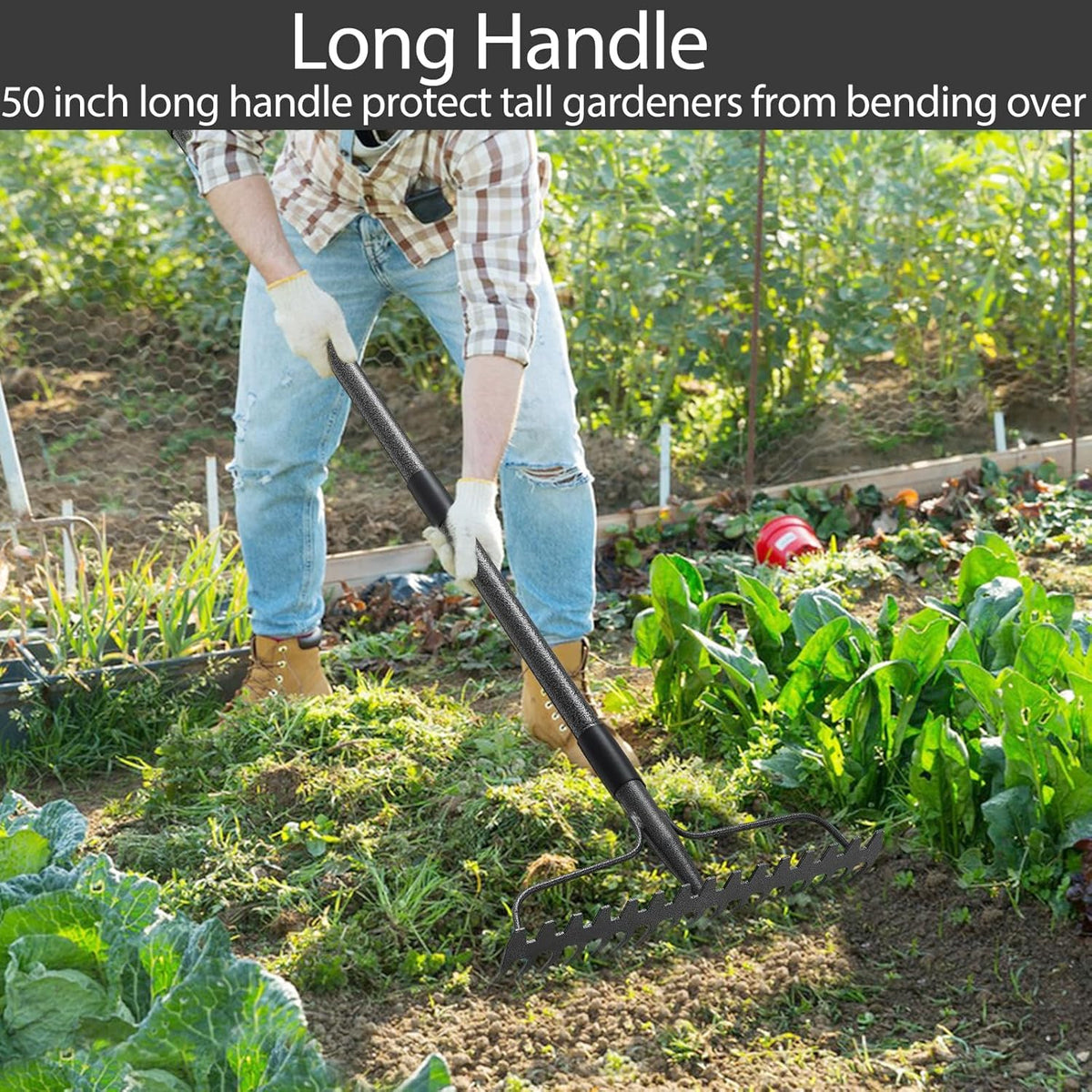 Bow Rakes for Lawns, 17 Prongs 17" Wide Heavy Duty Metal Garden Rake Long Handle 50", Adjustable Rock Yard Thatch Rake for Leaves Gardening Loosening Soil Mulch Gathering Leaf