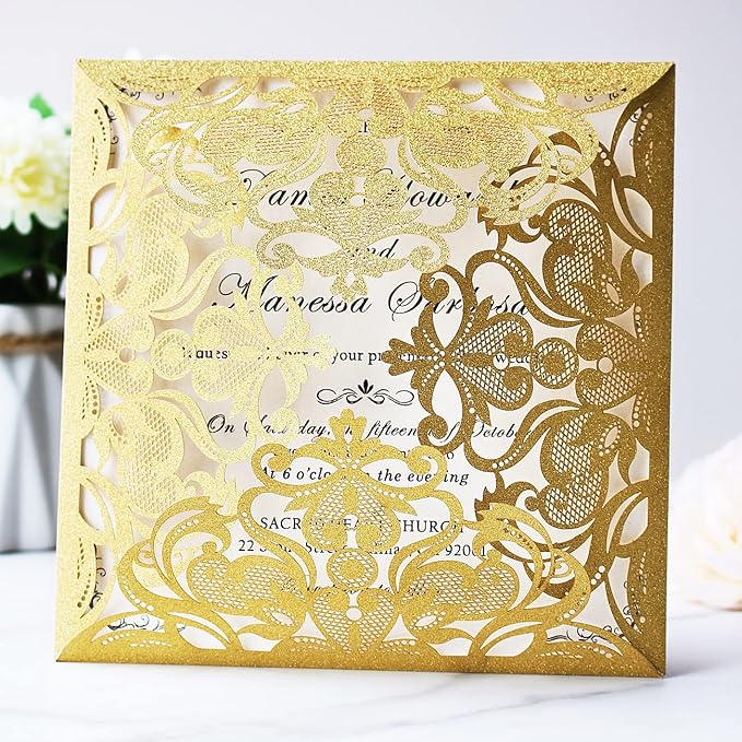 Hosmsua 50PCS Personalized Gold Laser Cut Wedding invitation Cards With Envelopes 6.3 x 6.3 Inch Hollow Lace Rose Invitation Pocket for Engagement Wedding Bridal Shower Invite (Gold Glitter)