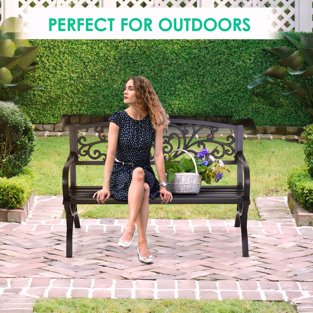 FDW | 50" Outdoor Garden Bench | Black | 485lbs Load Capacity