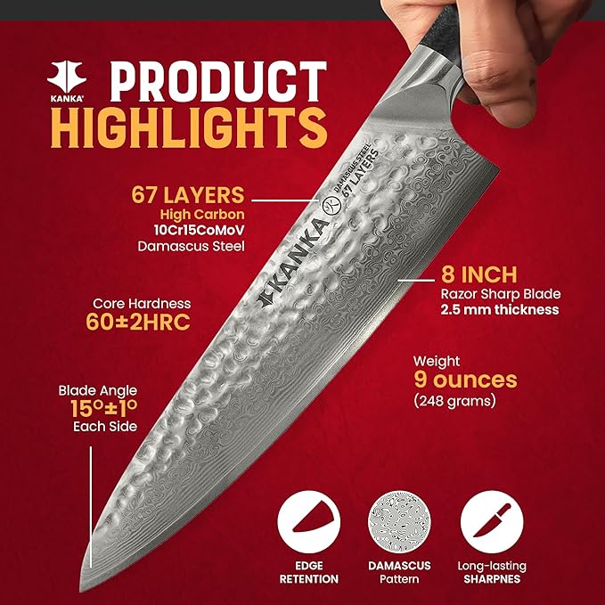 KANKA Chef Knife Damascus Steel 8" - 67 Layer Professional Steel, 10Cr Core, Razor-Sharp 62 HRC Edge, Ergonomic G-10 Fiberglass Handle, Wood Sheath INCLUDED – Chef Kitchen Knife for Precise Cutting