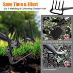 Dual Function Hoe Garden Tool - 36-82” Extra Long Handle Lightweight Stirrup Hula Hoe for Easy Weeding, Carbon Steel Sharp Blade & 4 Tine Rake for Gardening